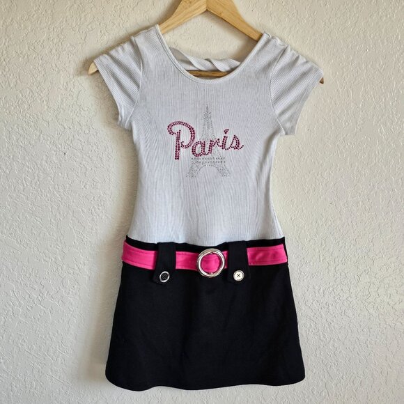 Paris Graphic Girls Dress W/ Rhinestones & Pink Belt  Size 8  Pinky  Polyester/C - Picture 1 of 6